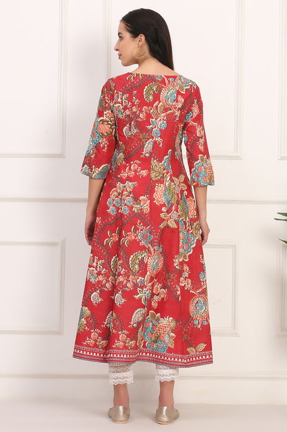 Red Floral Printed Flared Pure Cotton Kurta