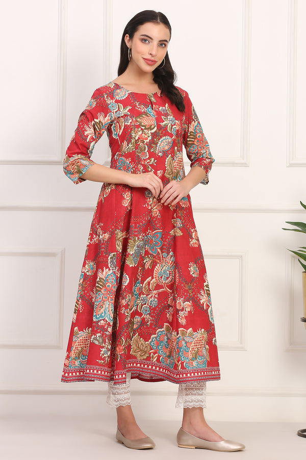 Red Floral Printed Flared Pure Cotton Kurta