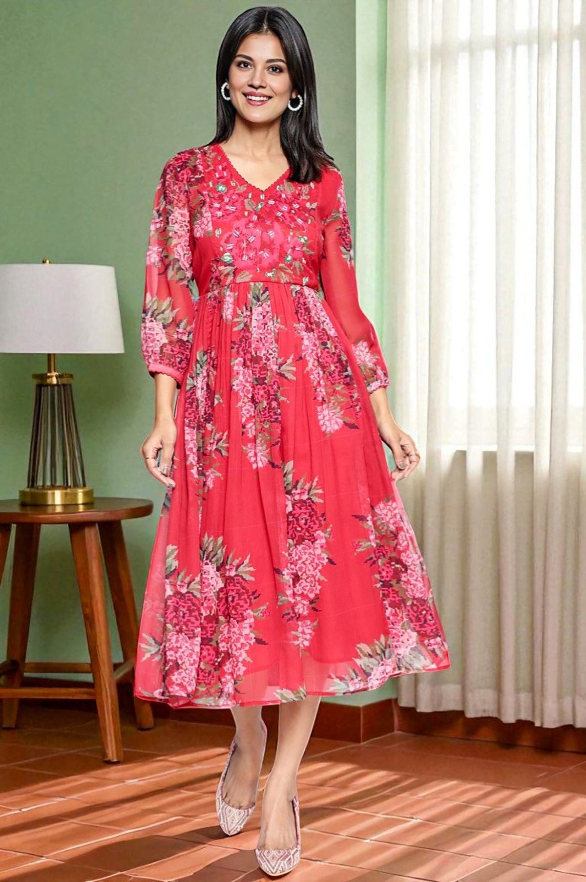 Crimson Red Printed Chiffon Flared Dress - XS