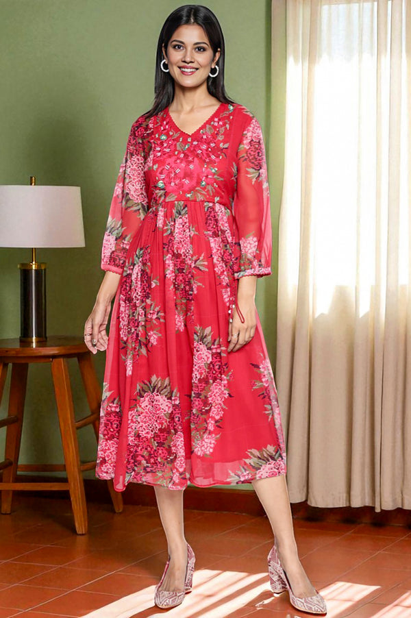 Crimson Red Printed Chiffon Flared Dress