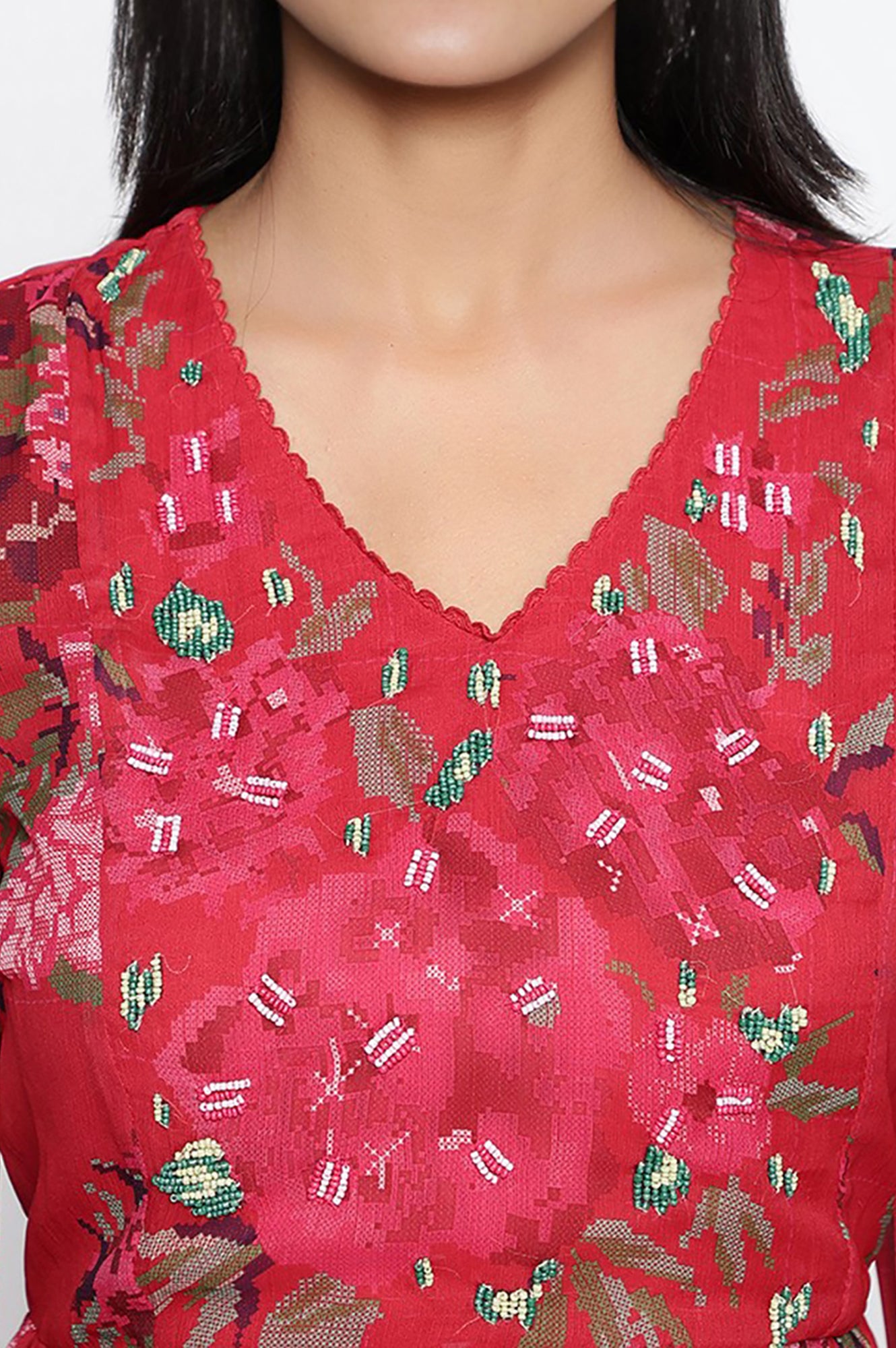 Crimson Red Printed Chiffon Flared Dress