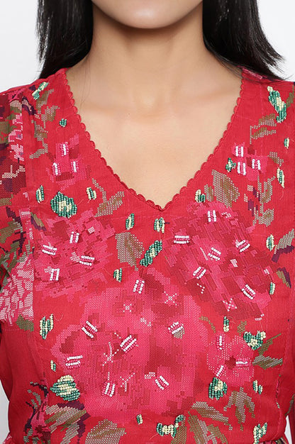 Crimson Red Printed Chiffon Flared Dress