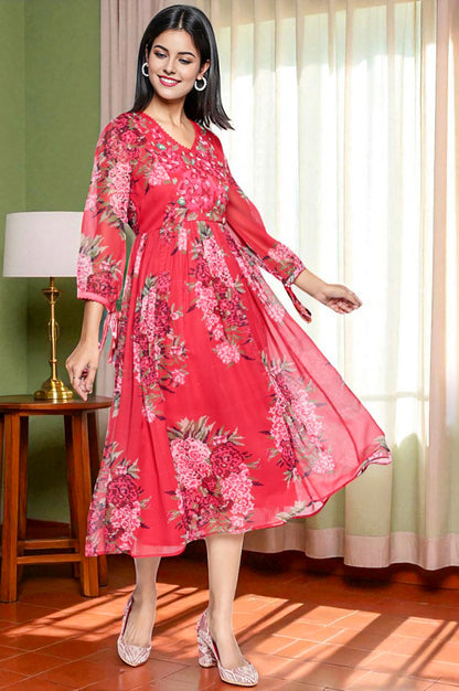 Crimson Red Printed Chiffon Flared Dress