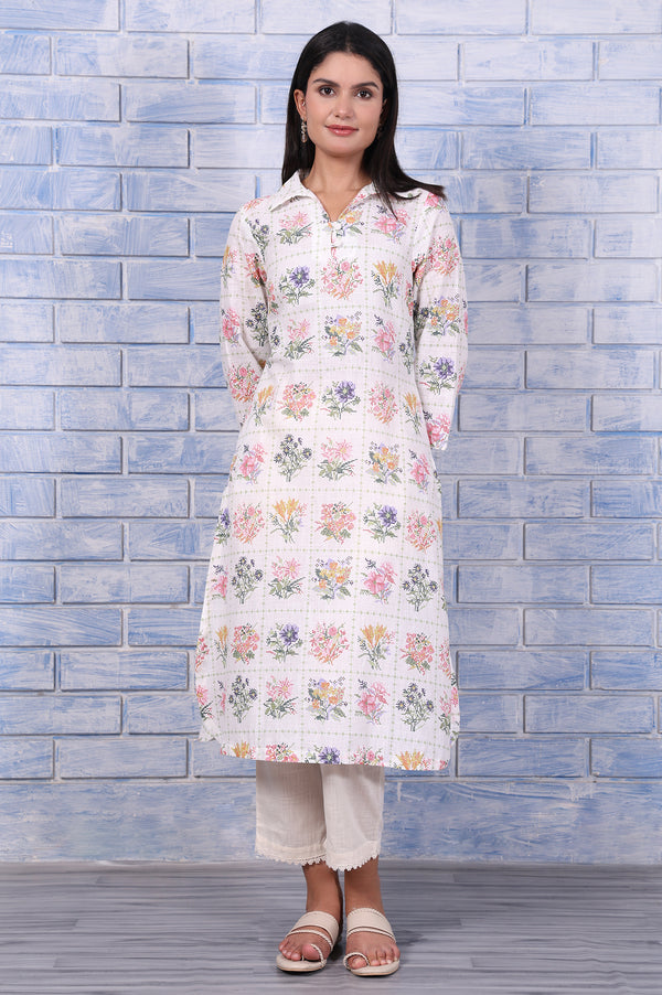White Floral Printed Lace Pure Cotton Straight Kurta