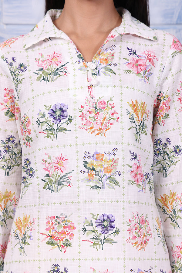 White Floral Printed Lace Pure Cotton Straight Kurta