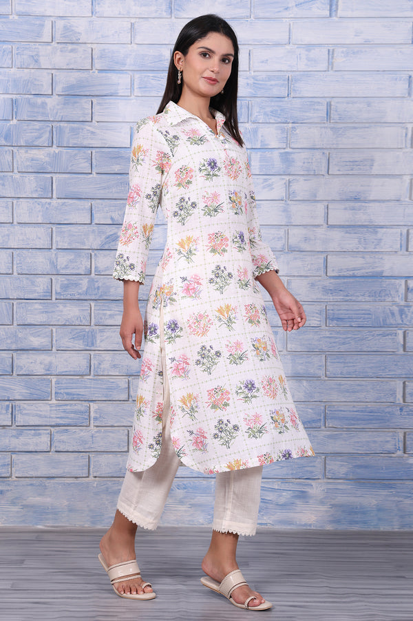 White Floral Printed Lace Pure Cotton Straight Kurta