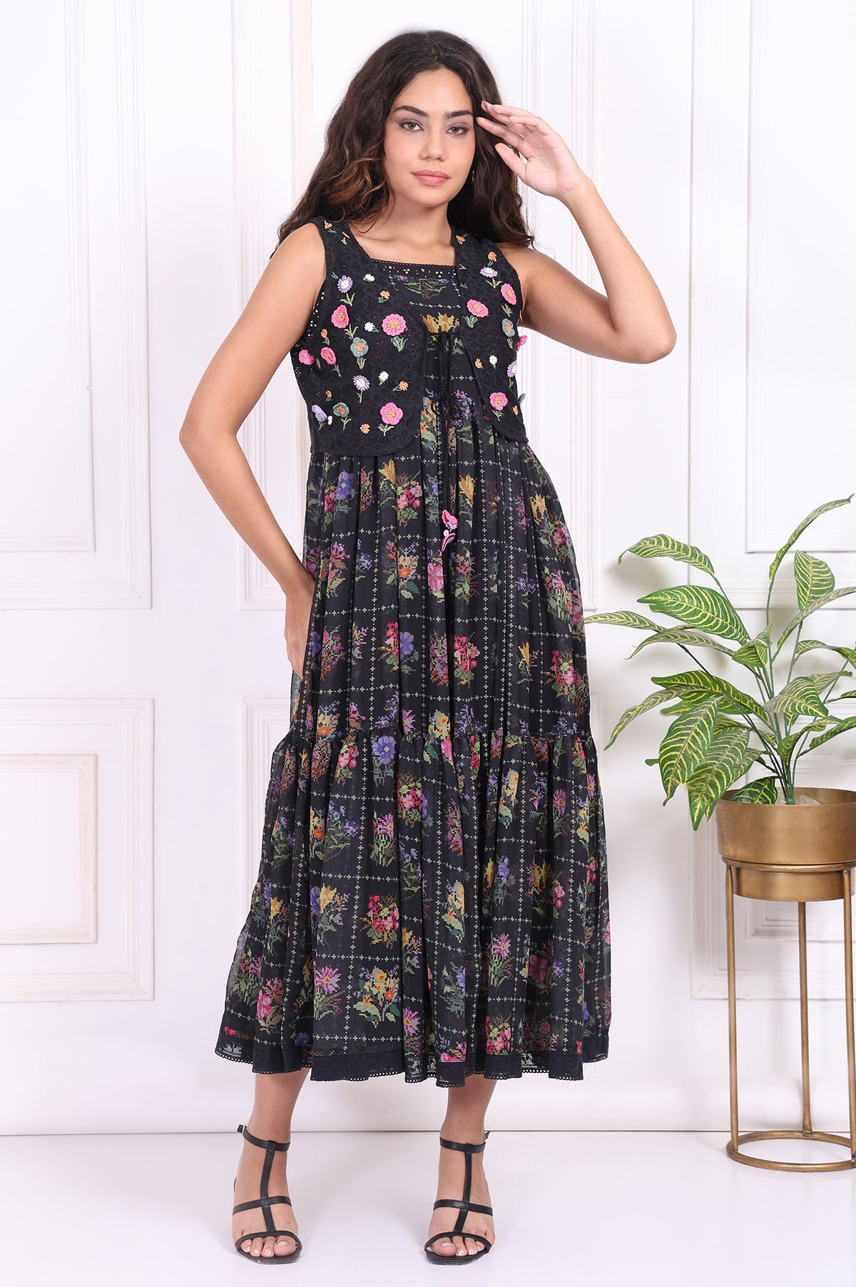 Black Floral Printed Embroidered Fit and Flare Georgette Dress with Waist Coat Set - XS