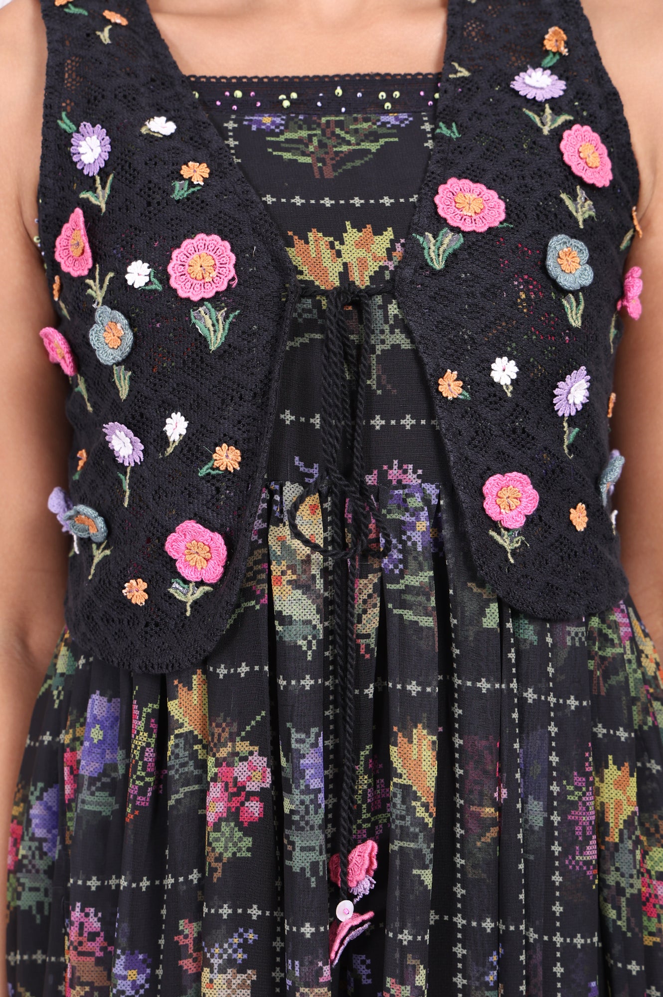 Black Floral Printed Embroidered Fit and Flare Georgette Dress with Waist Coat Set