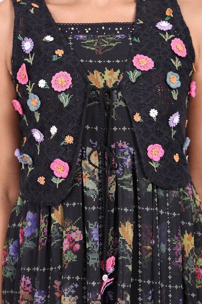 Black Floral Printed Embroidered Fit and Flare Georgette Dress with Waist Coat Set