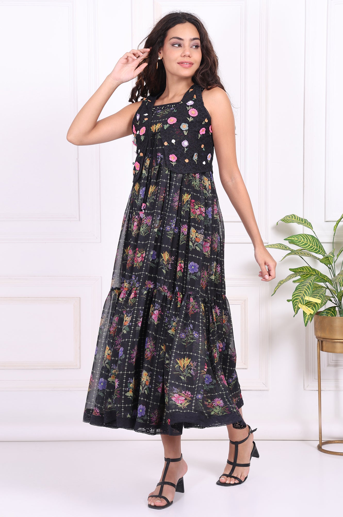 Black Floral Printed Embroidered Fit and Flare Georgette Dress with Waist Coat Set