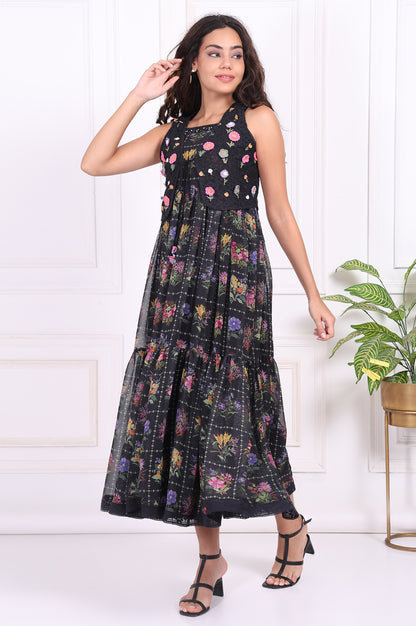 Black Floral Printed Embroidered Fit and Flare Georgette Dress with Waist Coat Set