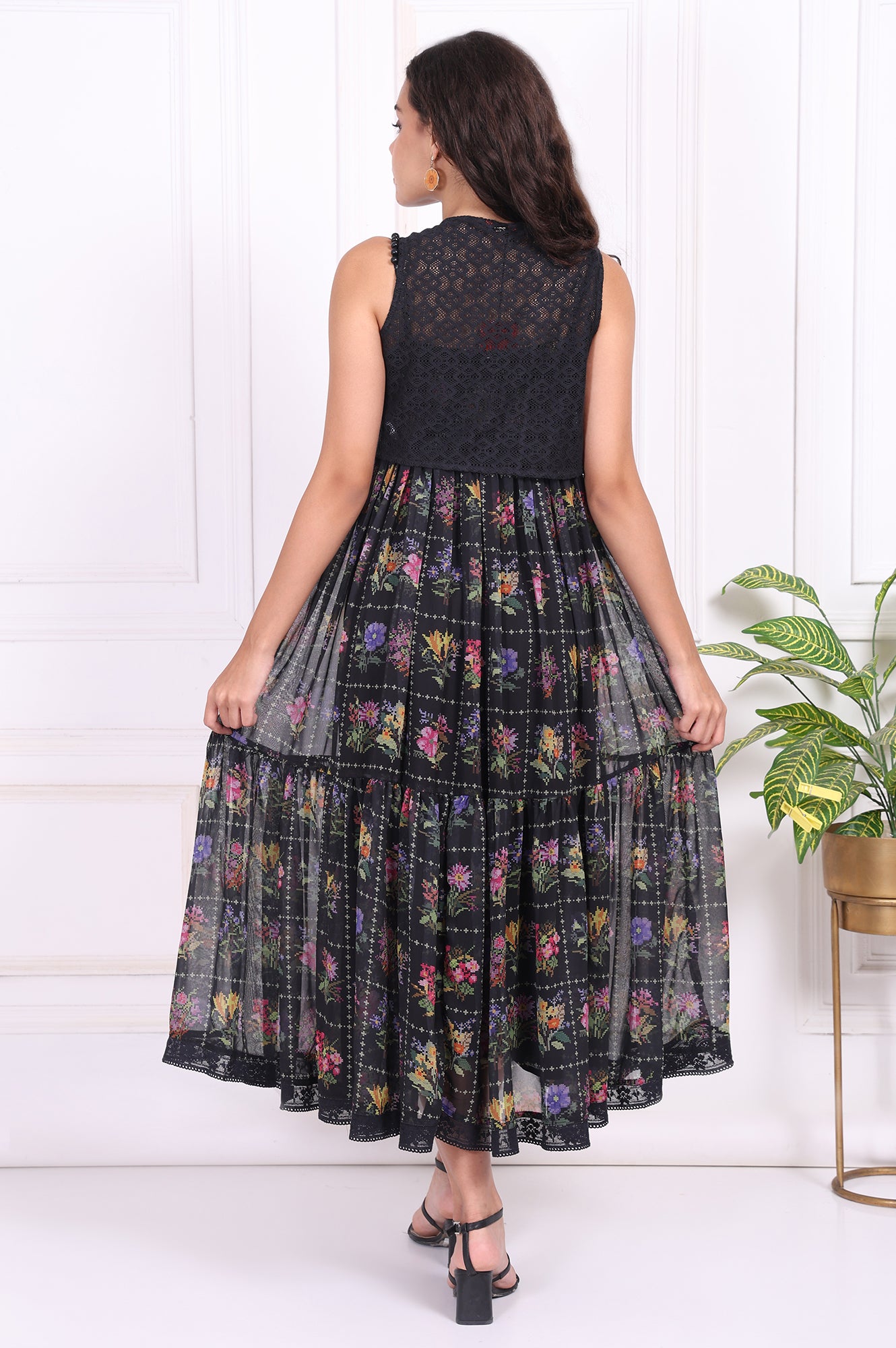 Black Floral Printed Embroidered Fit and Flare Georgette Dress with Waist Coat Set