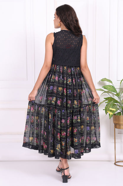 Black Floral Printed Embroidered Fit and Flare Georgette Dress with Waist Coat Set