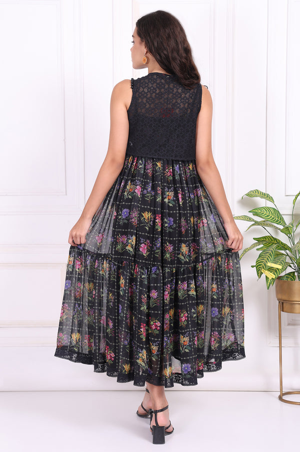 Black Floral Printed Embroidered Fit and Flare Georgette Dress with Waist Coat Set