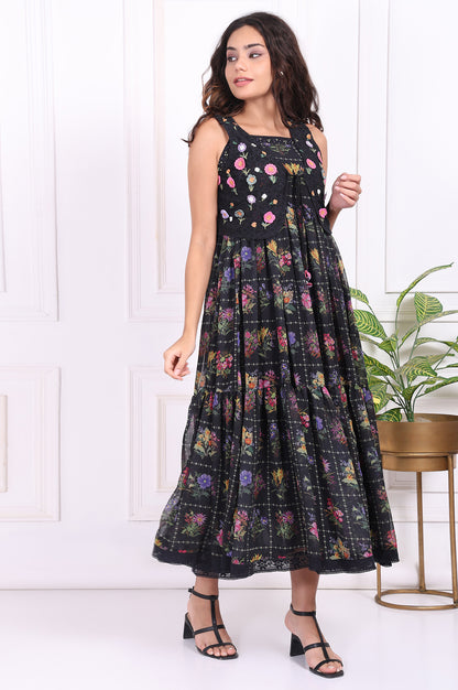 Black Floral Printed Embroidered Fit and Flare Georgette Dress with Waist Coat Set