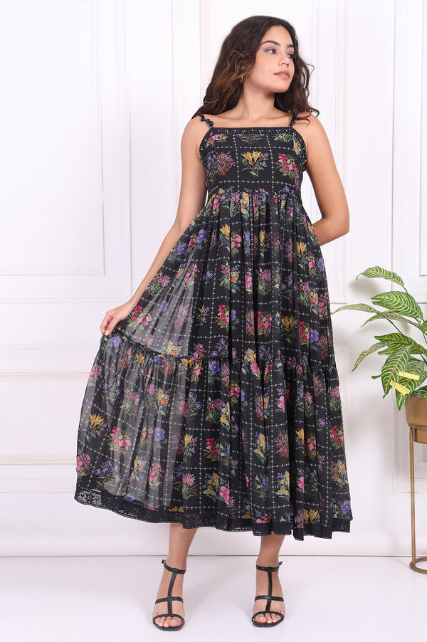 Black Floral Printed Embroidered Fit and Flare Georgette Dress with Waist Coat Set
