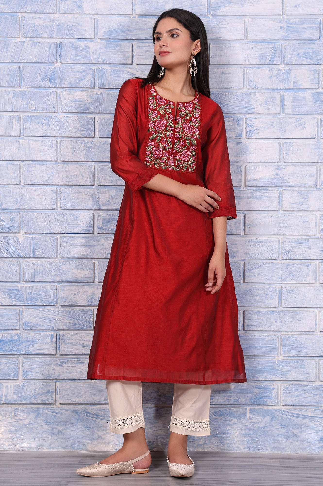Red Thread Embroidered Chanderi Straight Kurta