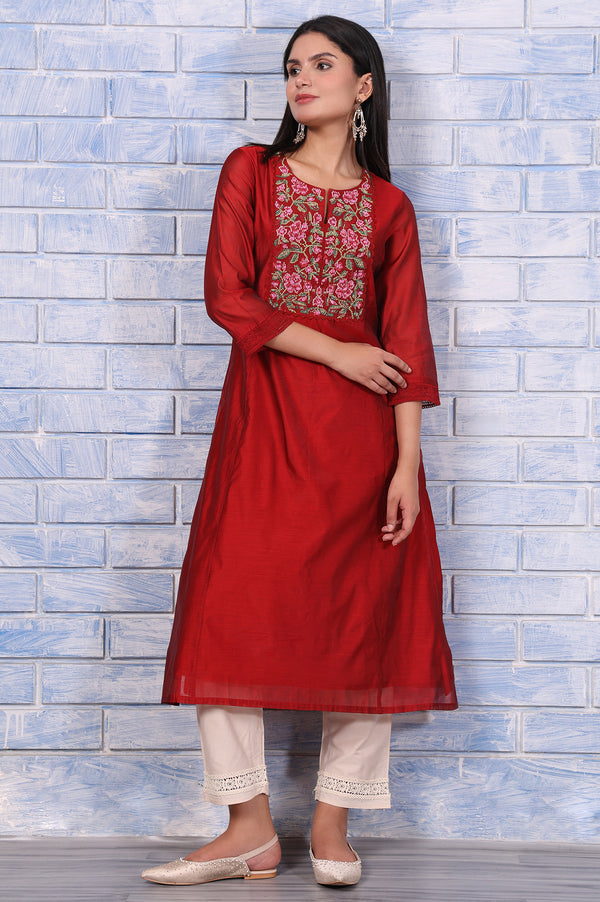 Red Thread Embroidered Chanderi Straight Kurta