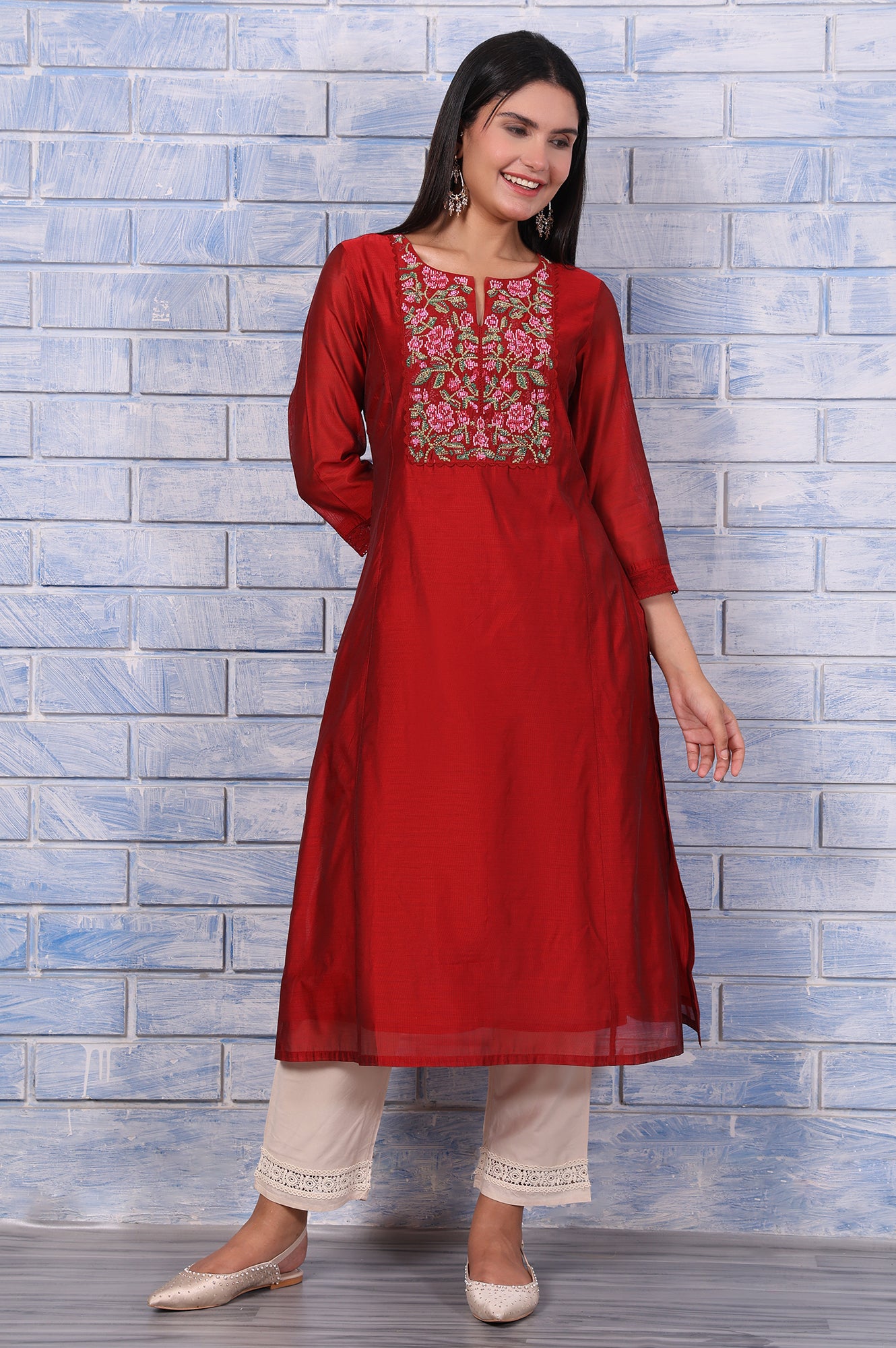 Red Thread Embroidered Chanderi Straight Kurta