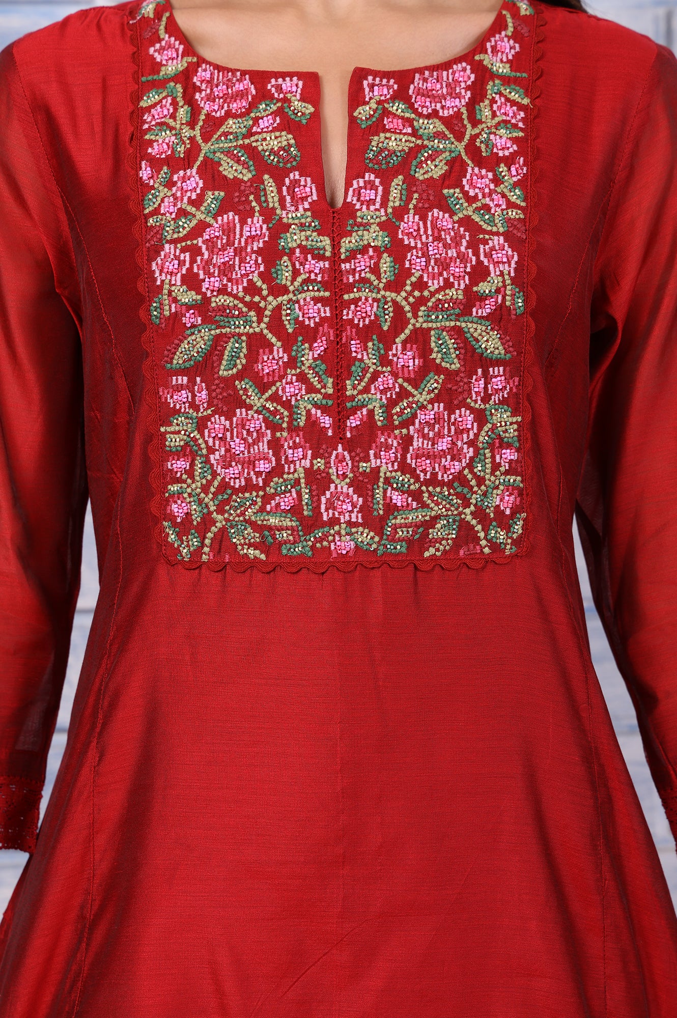 Red Thread Embroidered Chanderi Straight Kurta