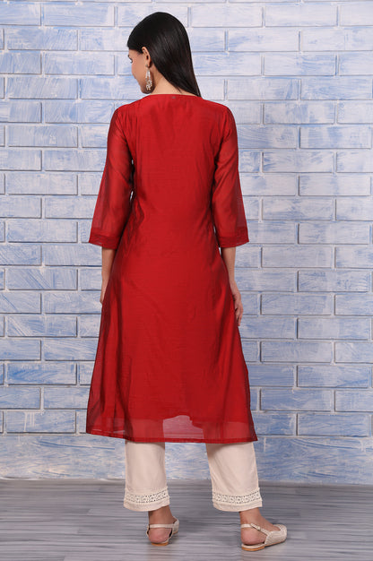 Red Thread Embroidered Chanderi Straight Kurta