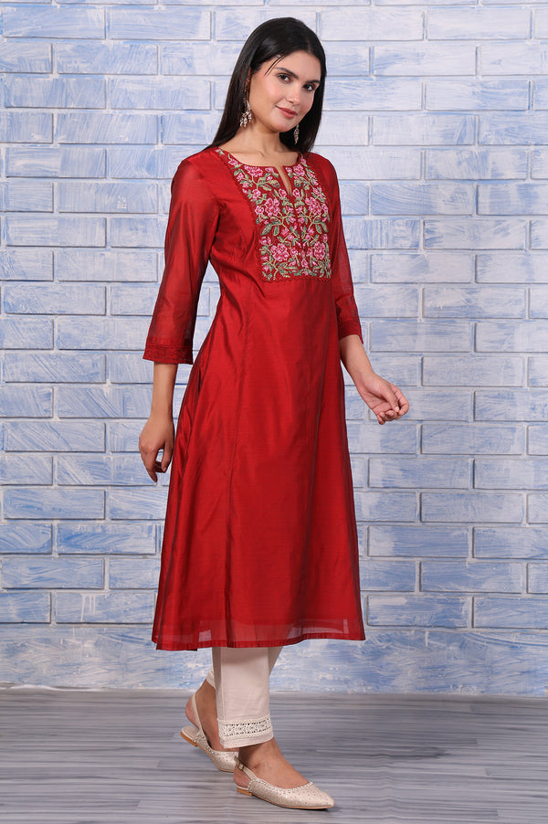 Red Thread Embroidered Chanderi Straight Kurta