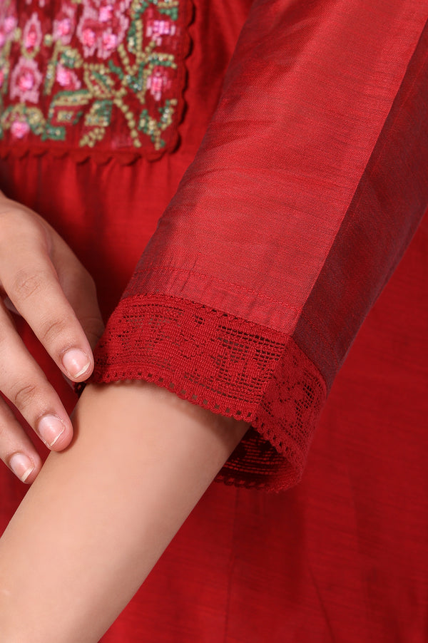 Red Thread Embroidered Chanderi Straight Kurta