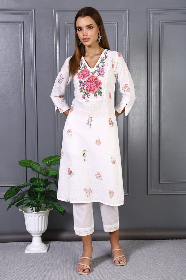 White Floral Printed Thread Embroidery Pure Cotton Straight Kurta