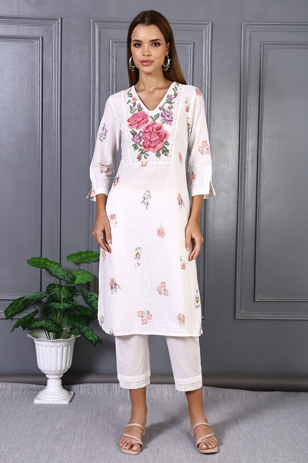 White Floral Printed Thread Embroidery Pure Cotton Straight Kurta