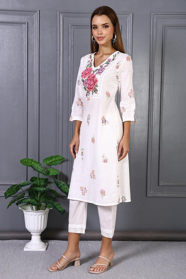 White Floral Printed Thread Embroidery Pure Cotton Straight Kurta