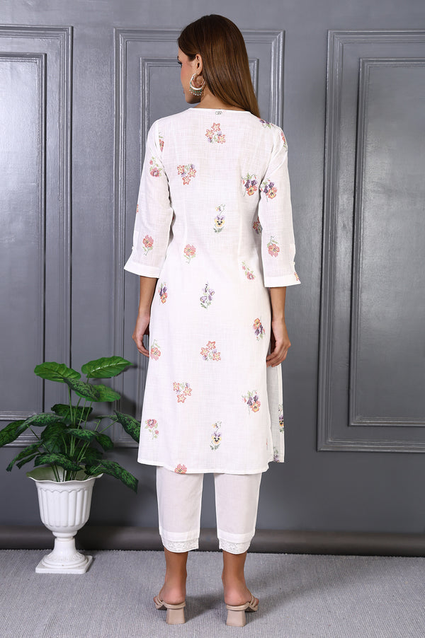 White Floral Printed Thread Embroidery Pure Cotton Straight Kurta