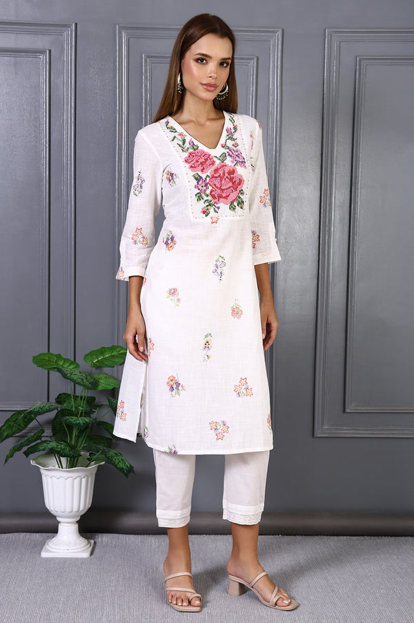 White Floral Printed Thread Embroidery Pure Cotton Straight Kurta