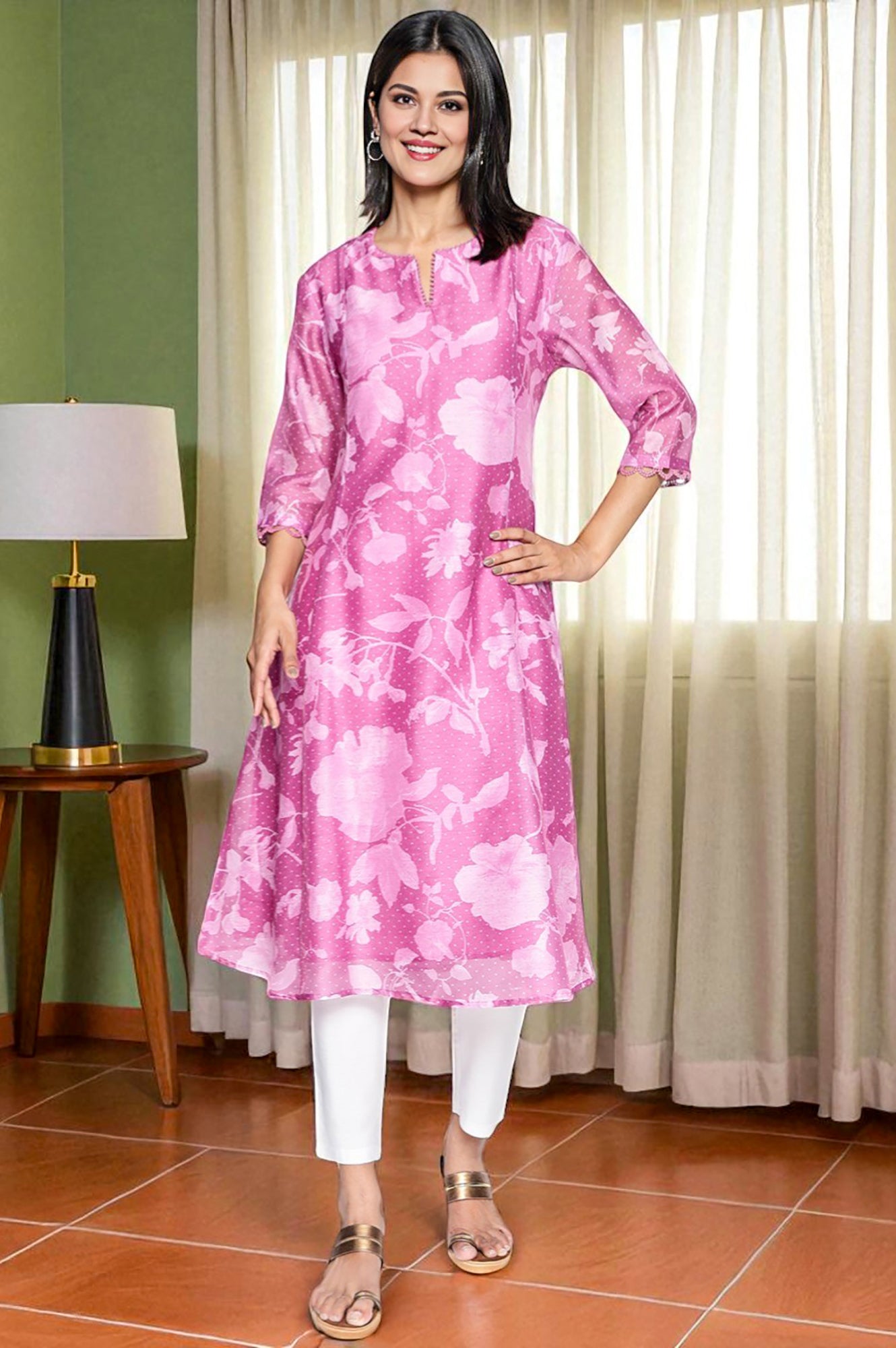 Pink Printed Chanderi Flared Kurta