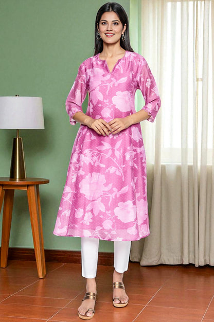 Pink Printed Chanderi Flared Kurta