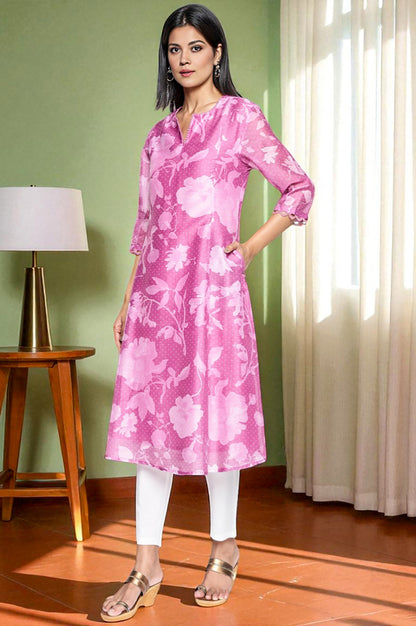 Pink Printed Chanderi Flared Kurta