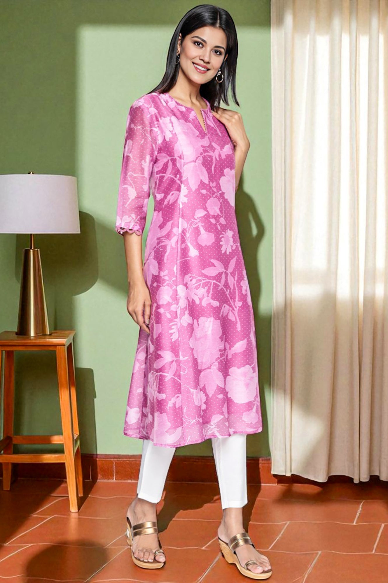 Pink Printed Chanderi Flared Kurta