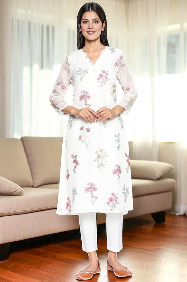White Embroidered Printed Organza Straight Kurta