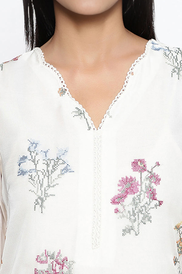 White Embroidered Printed Organza Straight Kurta