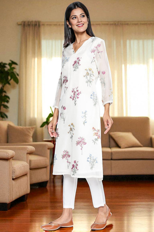 White Embroidered Printed Organza Straight Kurta