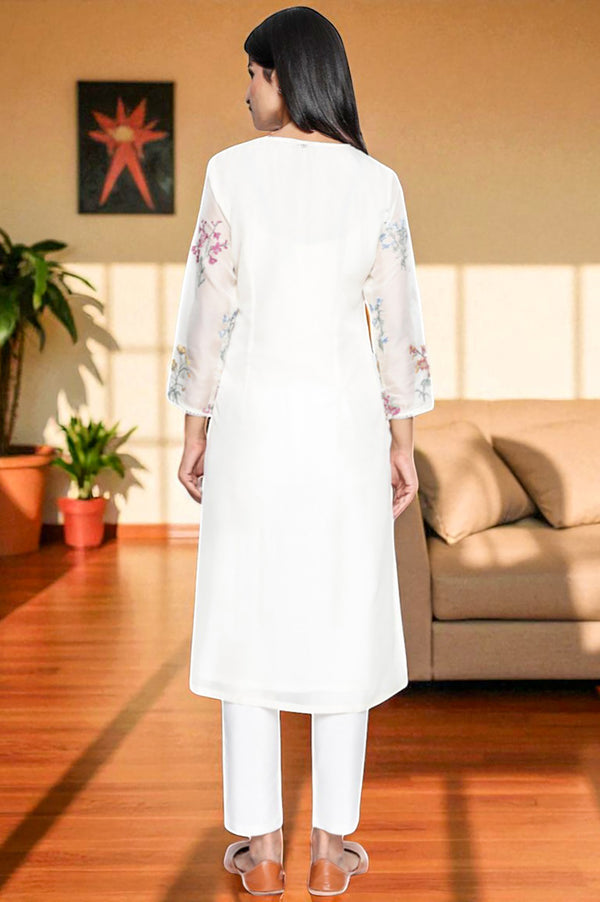 White Embroidered Printed Organza Straight Kurta
