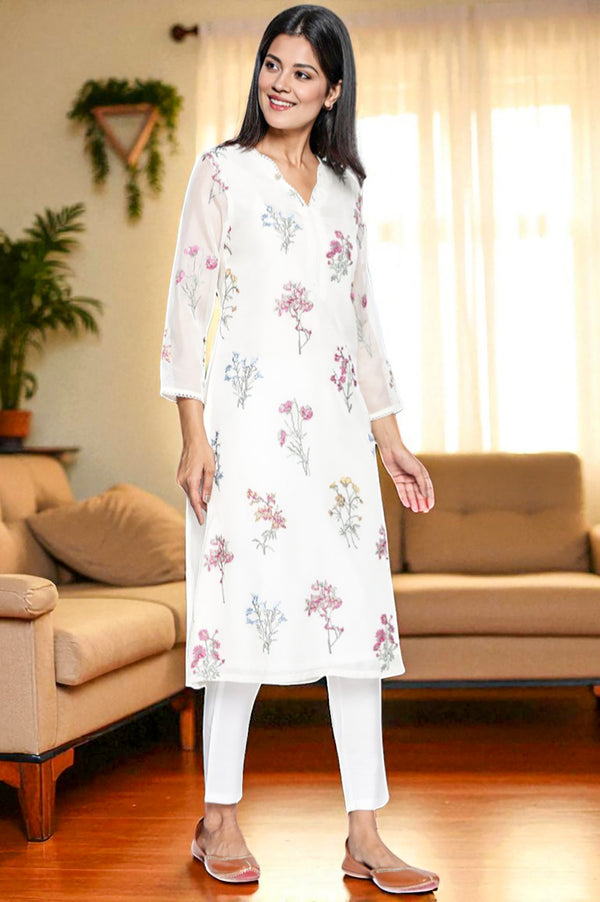 White Embroidered Printed Organza Straight Kurta