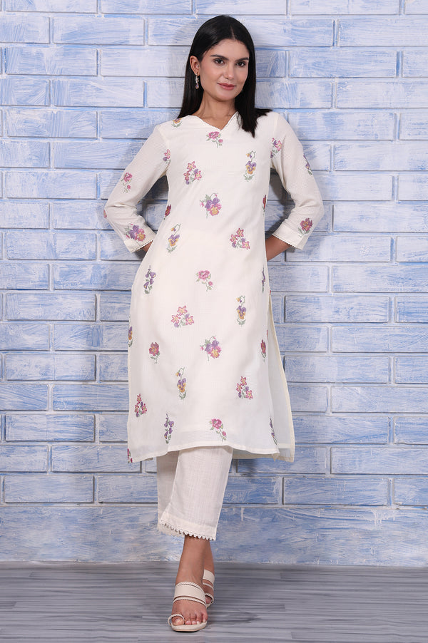 White Embroidered Printed Lace Kota Straight Kurta