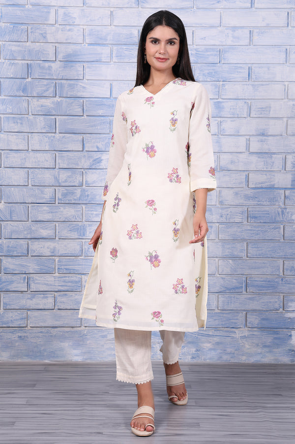 White Embroidered Printed Lace Kota Straight Kurta