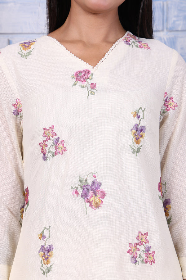 White Embroidered Printed Lace Kota Straight Kurta