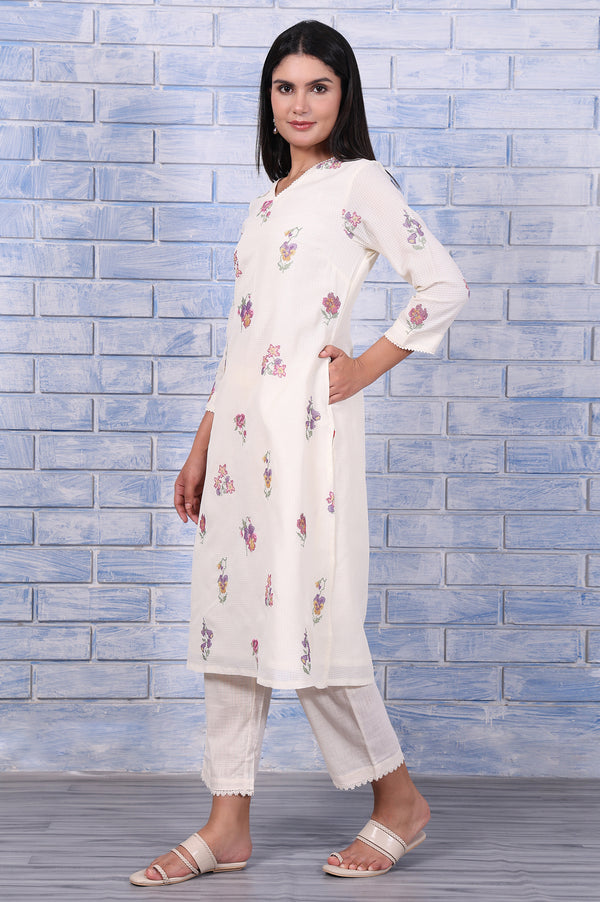 White Embroidered Printed Lace Kota Straight Kurta