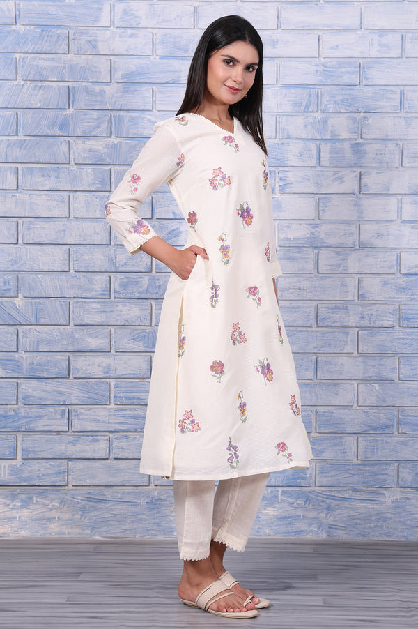 White Embroidered Printed Lace Kota Straight Kurta