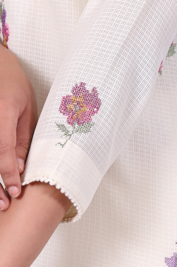 White Embroidered Printed Lace Kota Straight Kurta