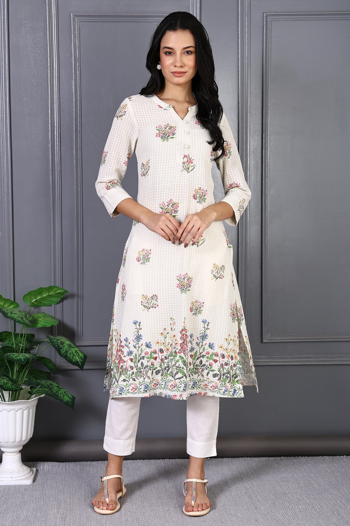White Floral Printed Buttons Pure Cotton Straight Kurta