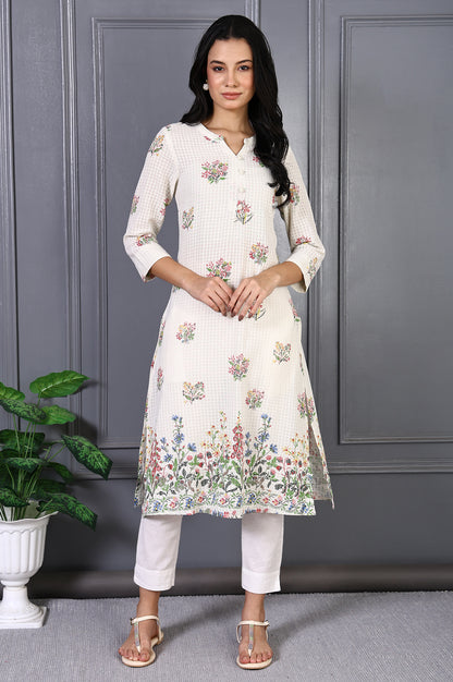 White Floral Printed Buttons Pure Cotton Straight Kurta