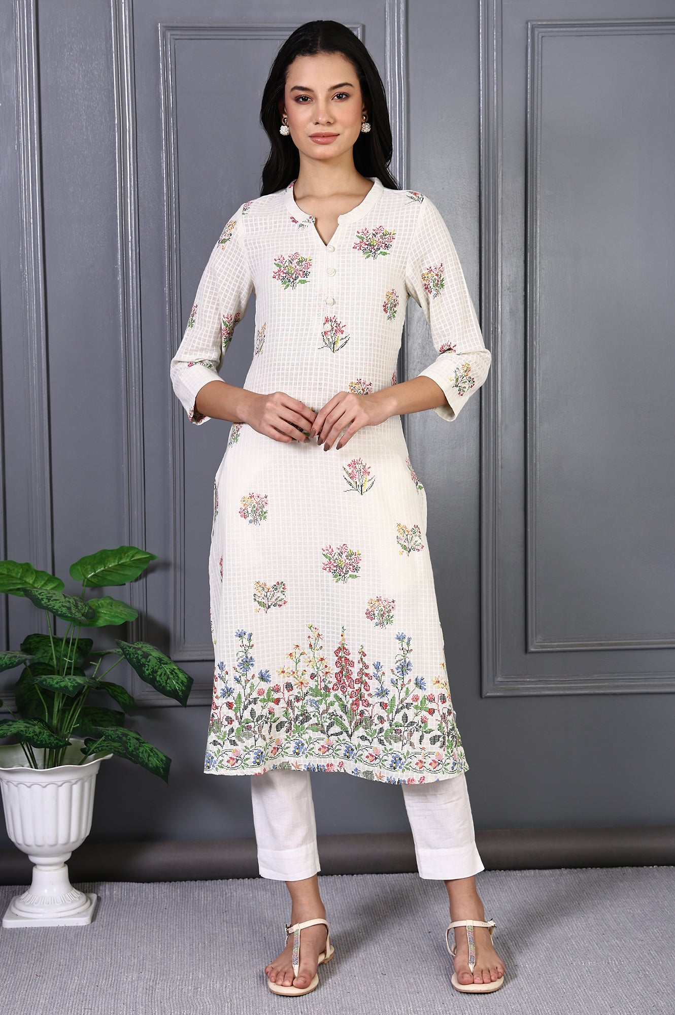 White Floral Printed Buttons Pure Cotton Straight Kurta